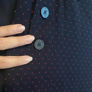 1901 Womens Suit with wide leg cropped trouser pant. Blue with micro red dots.